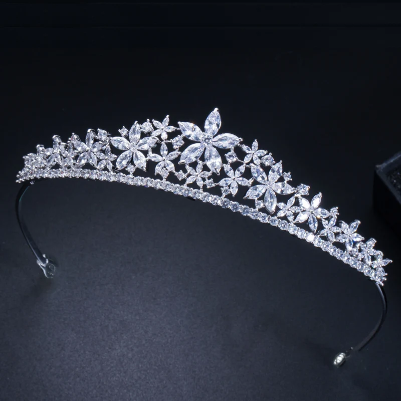 Beauty Elegant Marquise Cut Cubic Zirconia Flowers Bridal Wedding Queen Crown Tiara Luxury Vintage Hair Bands Jewelry for Brides