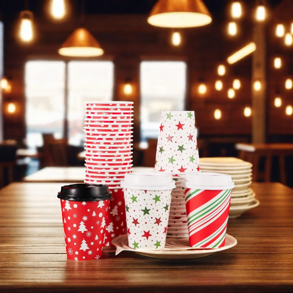 AT PACK 8OZ 12OZ 16OZ 20OZ Biodegradable Disposable Cafe Ethiopia Carton Christmas Coffee Cups With Lids And Sleeve