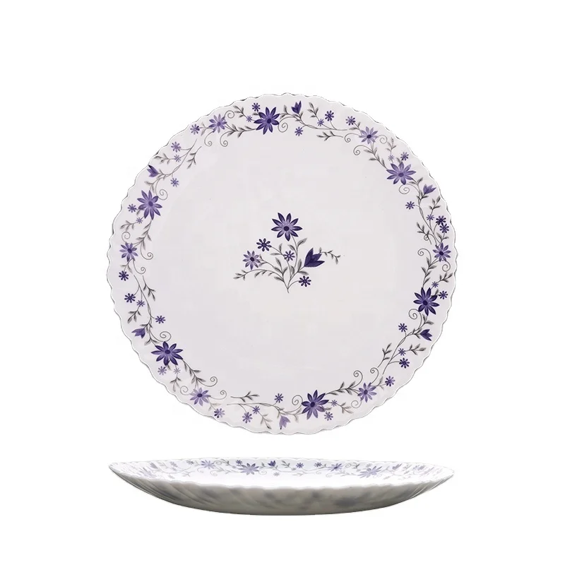 Full Decal Round Opal Glass Dinner Plate 10.5 inch Wide Rim Plates for Hotel Restaurant Cafe and Home OEM Opal Glass Dinnerware