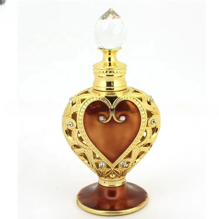 10ml Luxury Arabian Perfume Bottle Metal Glass Heart Shape Essential Oil Bottle with Box