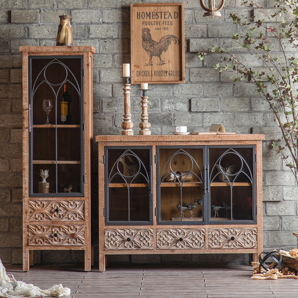 Farmhouse Vintage Wood Cabinet Sideboards with Mirrored Doors Antique Console Storage Cabinets Buffet Cabinets