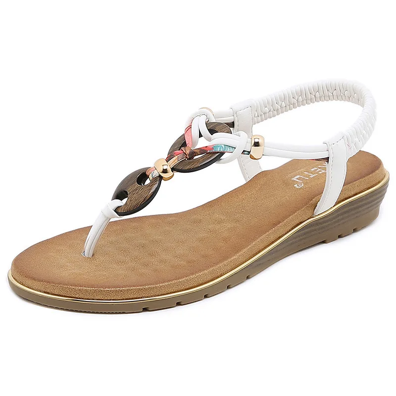 Fashion Women Summer Beach Sandals Wooden Bead Buckle PU Sole Flip Flops Flat Sandal For Women New Style