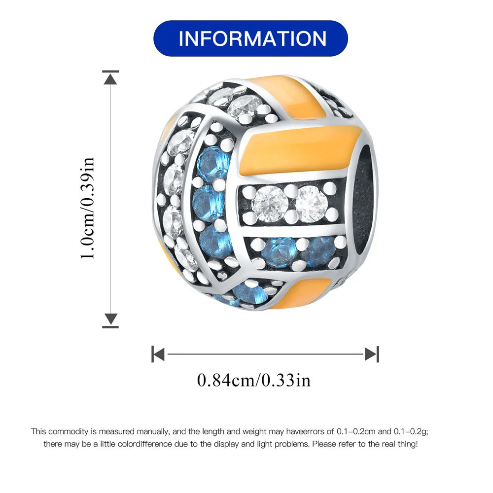 Fashion Jewelry 925 Sterling Silver Colorful Enamel Zirconia Sport Volleyball Beads for Charm Bracelet Necklace Jewelry Making