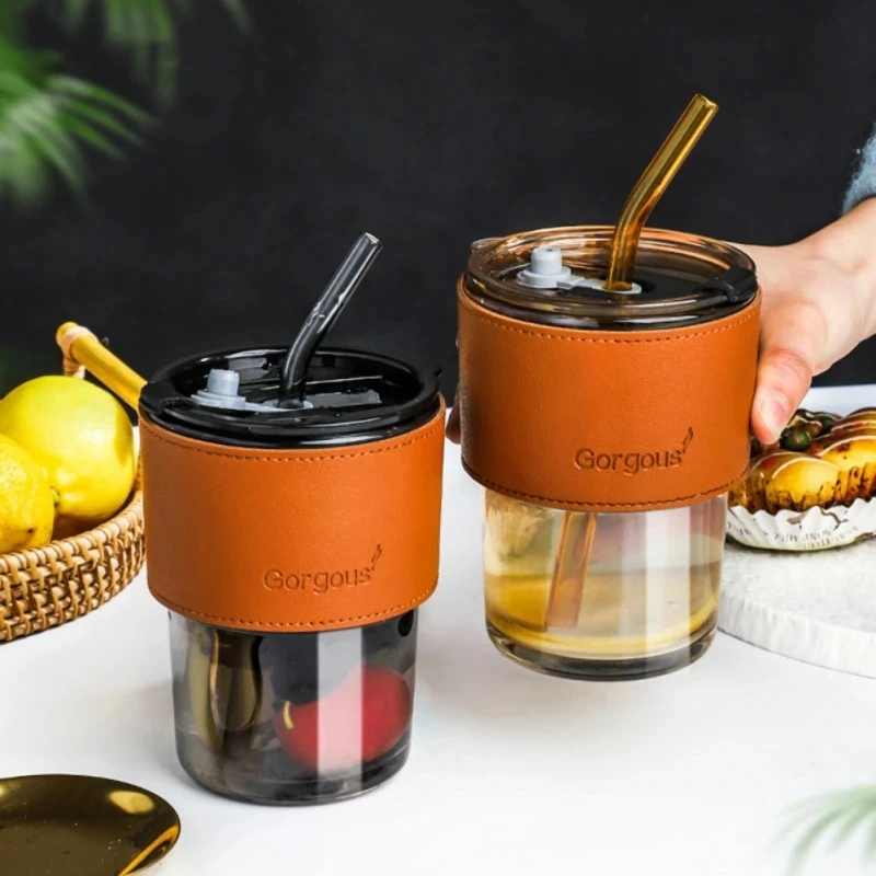 Customized Logo Popular Glass Coffee Cups Portable Leather Sleeve Glass Tea Mug With Lid And Straw