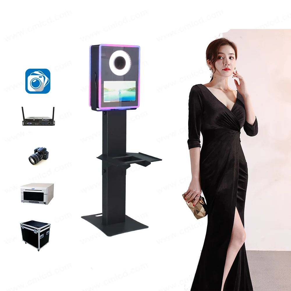 Prefect mini mirror light weight aluminum shell easy assembly touch screen display dslr flash photo booth with printer stand