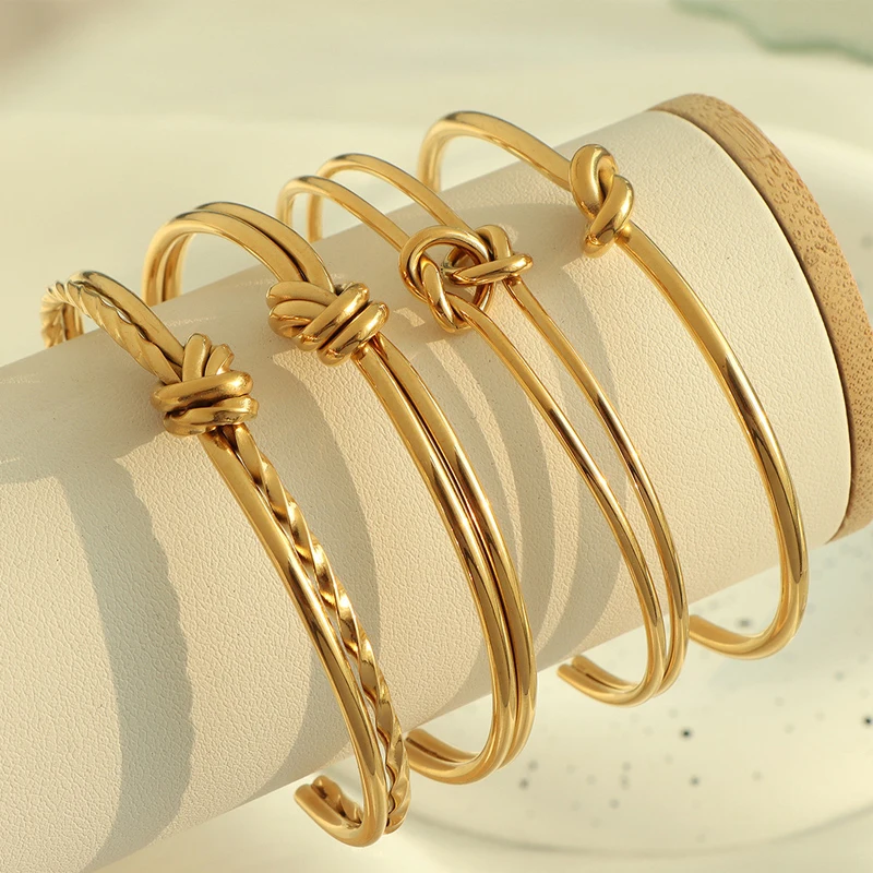 Minimalist 18K Gold Plated Stainless Steel Cuff Bangle Bracelet Handmade Love Knot Bangles Jewelry Women Tarnish Free