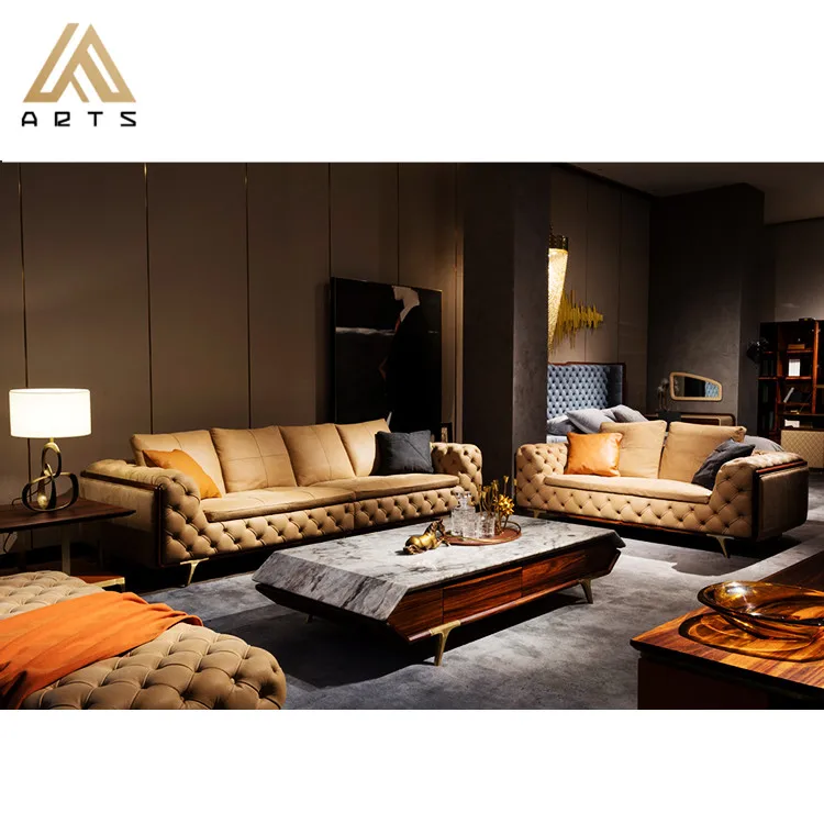 luxury  modern  furniture  sets brass  genuine leather  living room sofa
