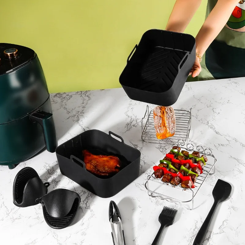 Air Fryer Accessories for Ni nja Dual 2 Pcs Air Fryer with 2 Pcs Air Fryer Liners 4 Skewers Oil Brush Food Tongs Silicone Gloves