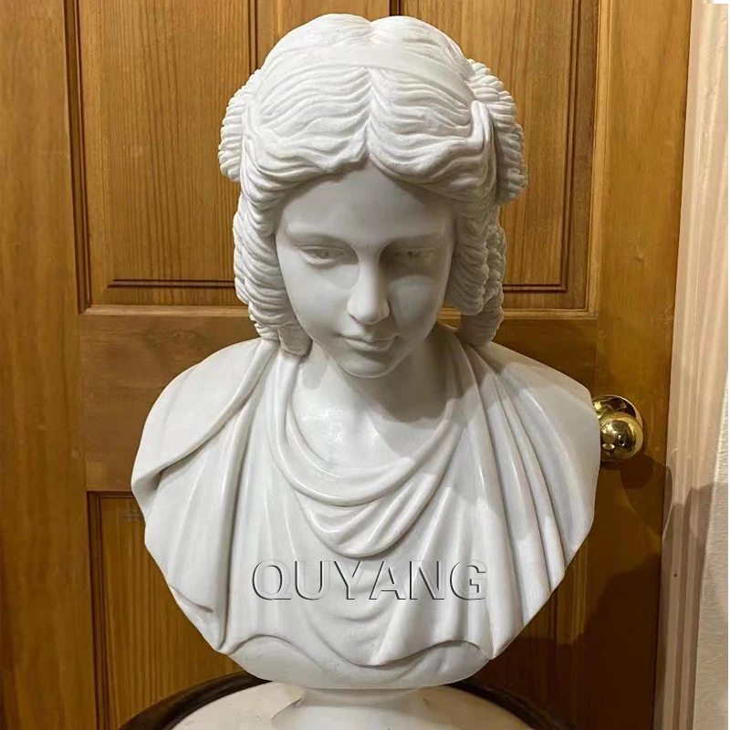 QUYANG Life Size Antique Home Decoration White Marble Young Girl Head Sculpture Lady Carving Stone Bust Statue