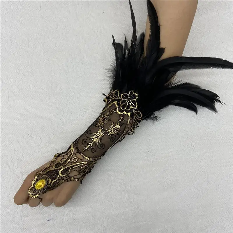 King Mcgreen star Halloween Feather Bracelet Gothic Style Feather Glove Hollow Gold Lace Lace Arm Cover