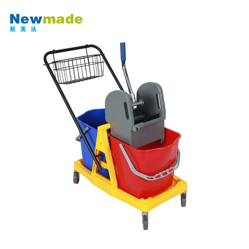 Customized commercial multi-purpose plastic down press wringer double bucket cleaning trolley