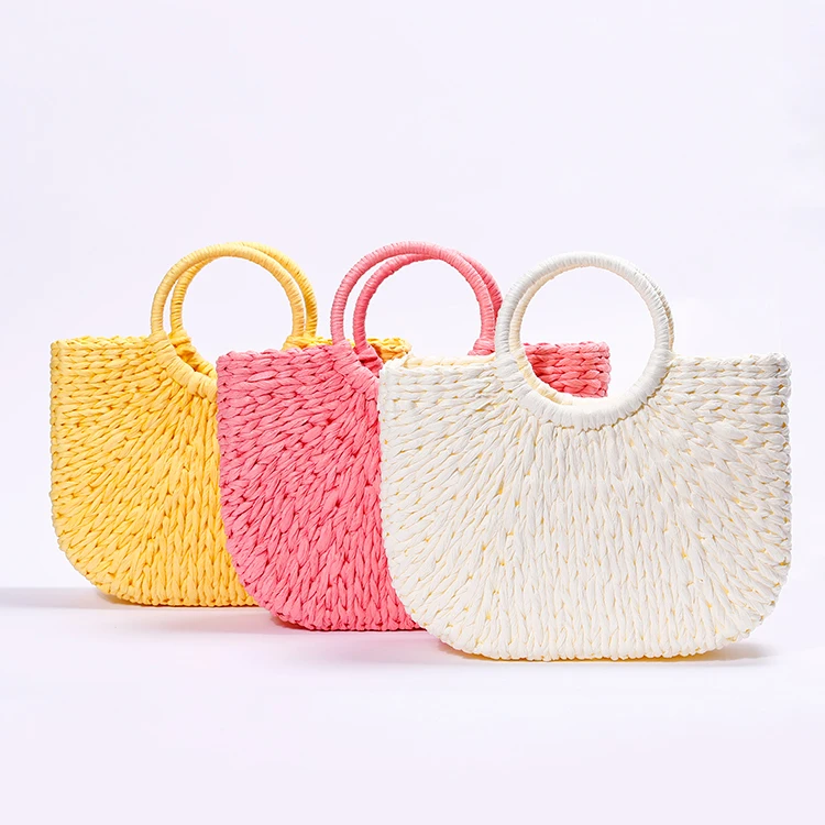 Three Color Optional Custom Summer Beach Weaving Ladies Protalbe Paper Straw Bags With No Seal