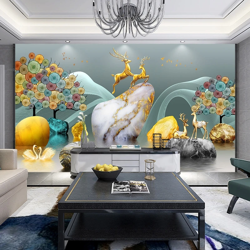 3d TV background wall decoration wall cloth, living room decoration painting elk lucky waterproof wall fabric
