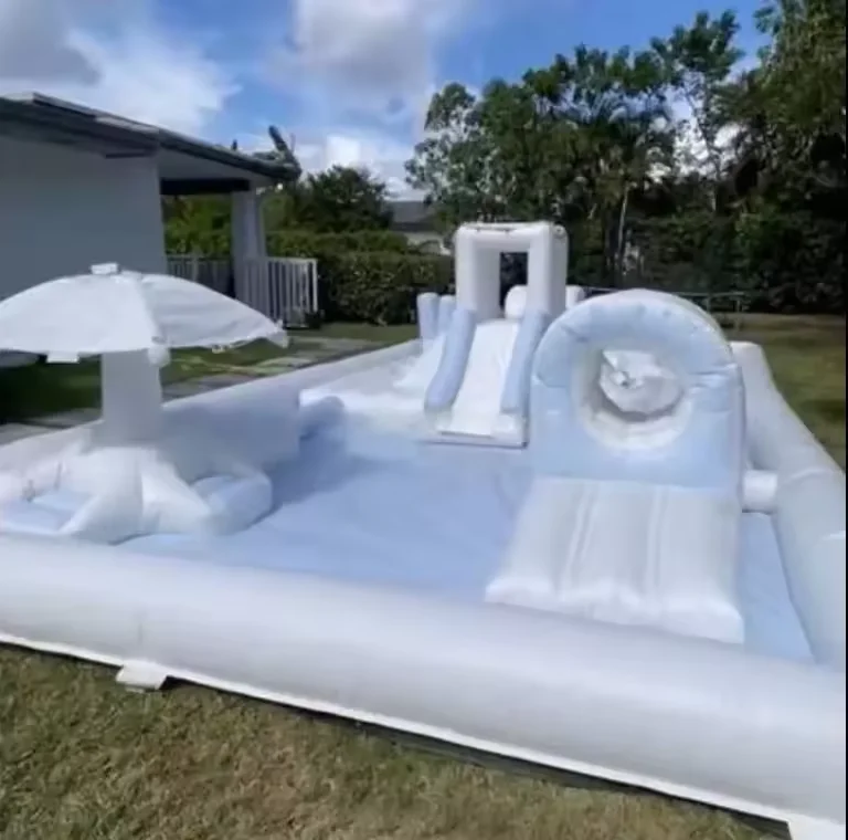 White Outdoor Inflatable Obstacle Course Soft Play Equipment Playground Water Slide Pool for Kids