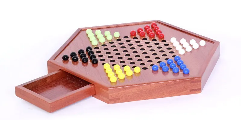 Premium Large Wooden Hexagon Drawer Checkers Set with Glass or Acrylic Pieces