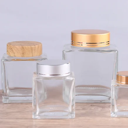 Stocked Empty Square Shape 100ML 180ML 360ML  Glass Jar With Canning Lid Glass Honey Jam Jars