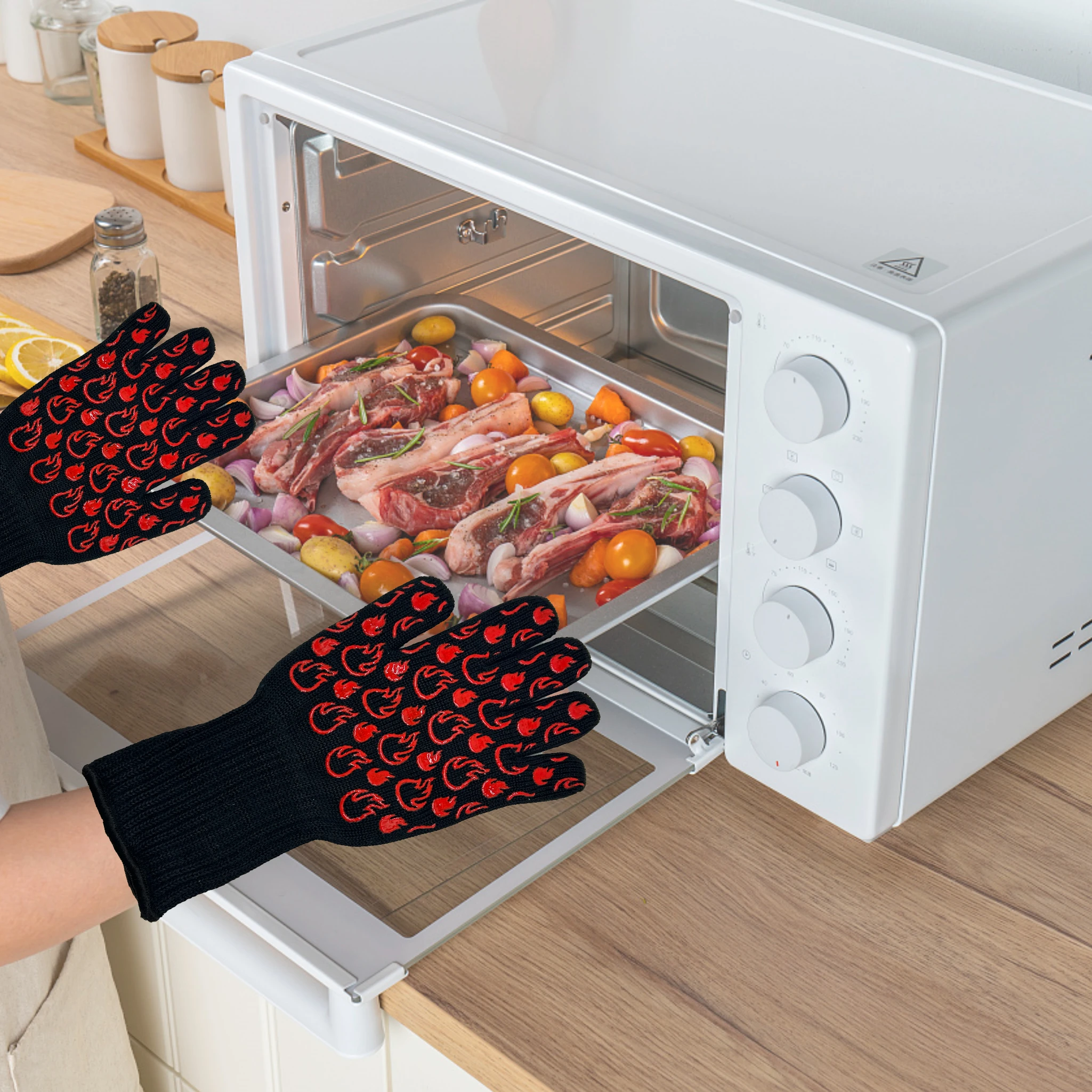 Oven Gloves with Silicone Dotted Non-slip Grilling Gloves Kitchen Accessories Heat Resistant BBQ Gloves with 5 Fingers