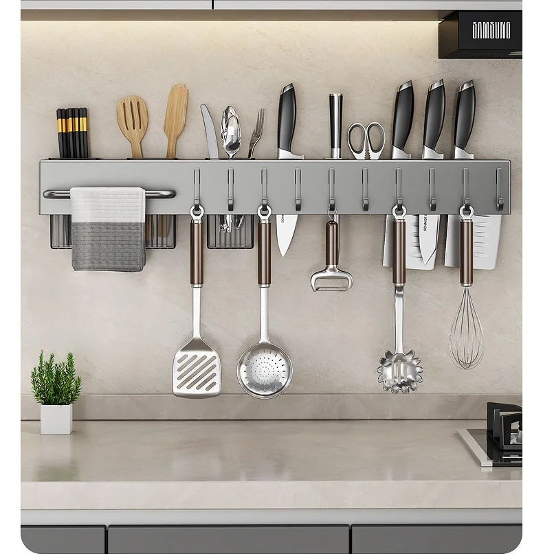 Removable Wall Mounted Kitchen Organizer Knife Holder with Multiple Stands and Hooks Space-saving
