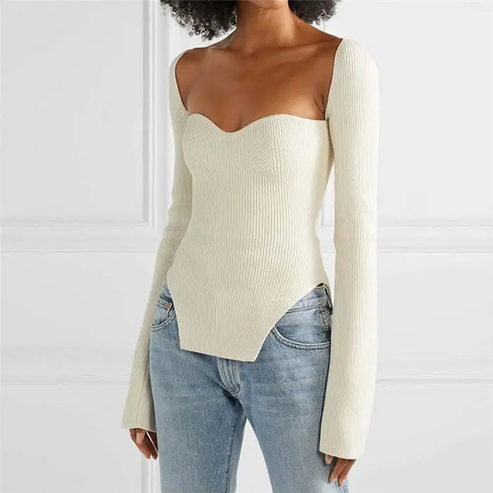 J1053-2022 spring long sleeve square neck undershirts knitted sweater top knitwear