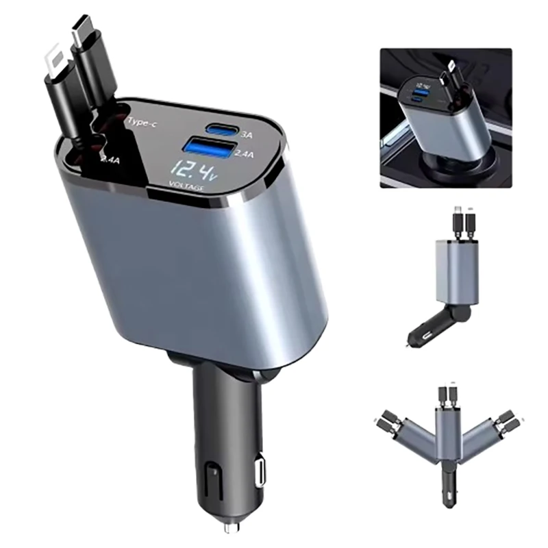 Newest 20W 4 IN 1 USB Type C Cable For IPhone Samsung Fast Charge Cord Cigarette Lighter Adapter Retractable Car Charger