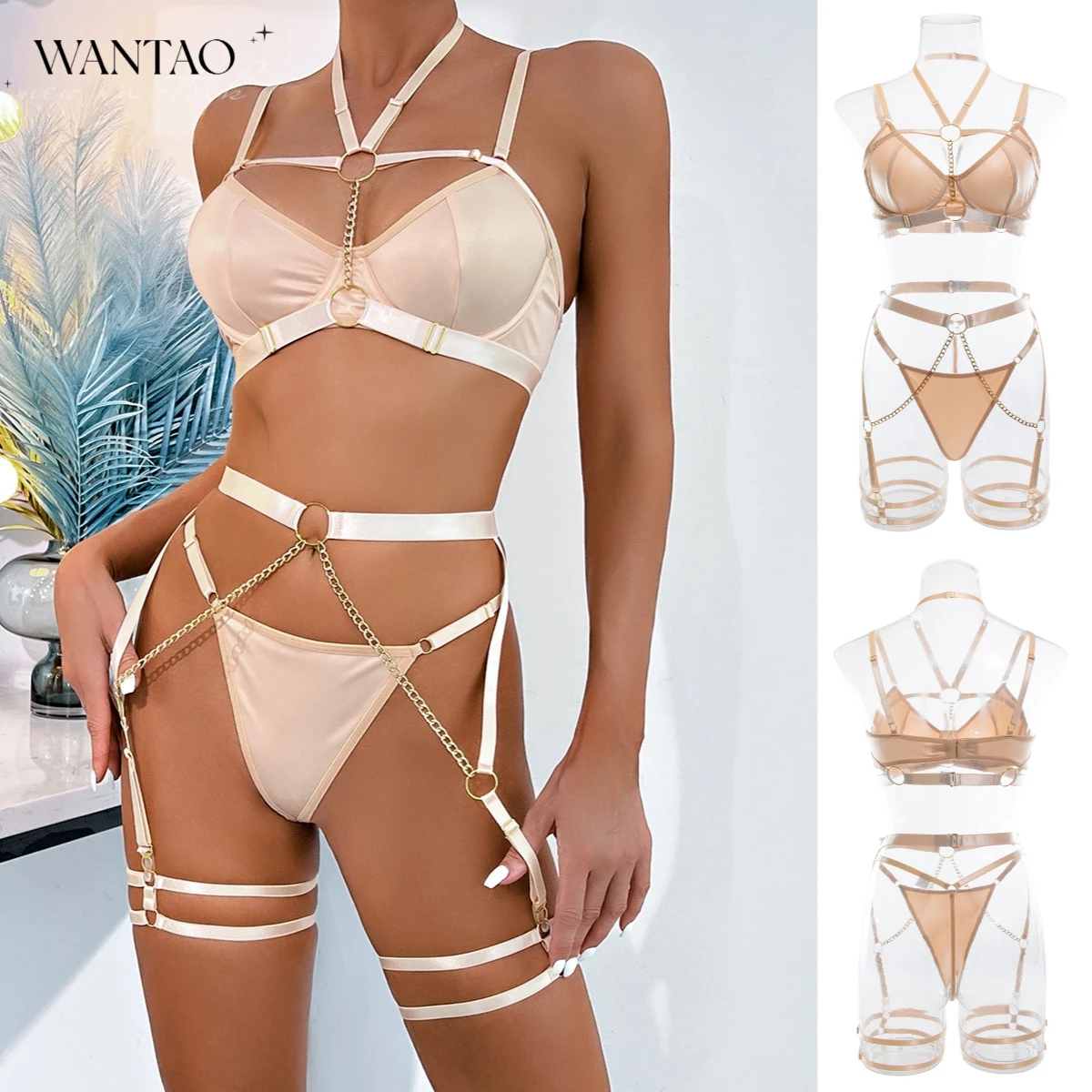 Latex Lingerie Erotic Leather Underwear For Women Halter Bra Bra And Panty Set Sexy PVC Outfit With Chain 4-Piece