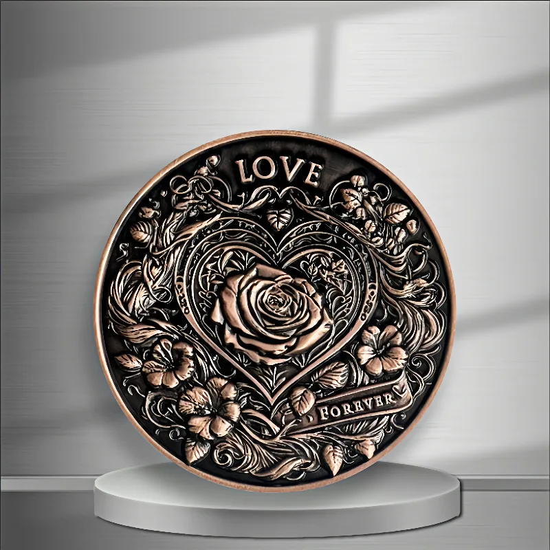 Double-Sided Rose Commemorative Coin, Zinc Alloy With Antique Red Copper Brushed Relief Finish