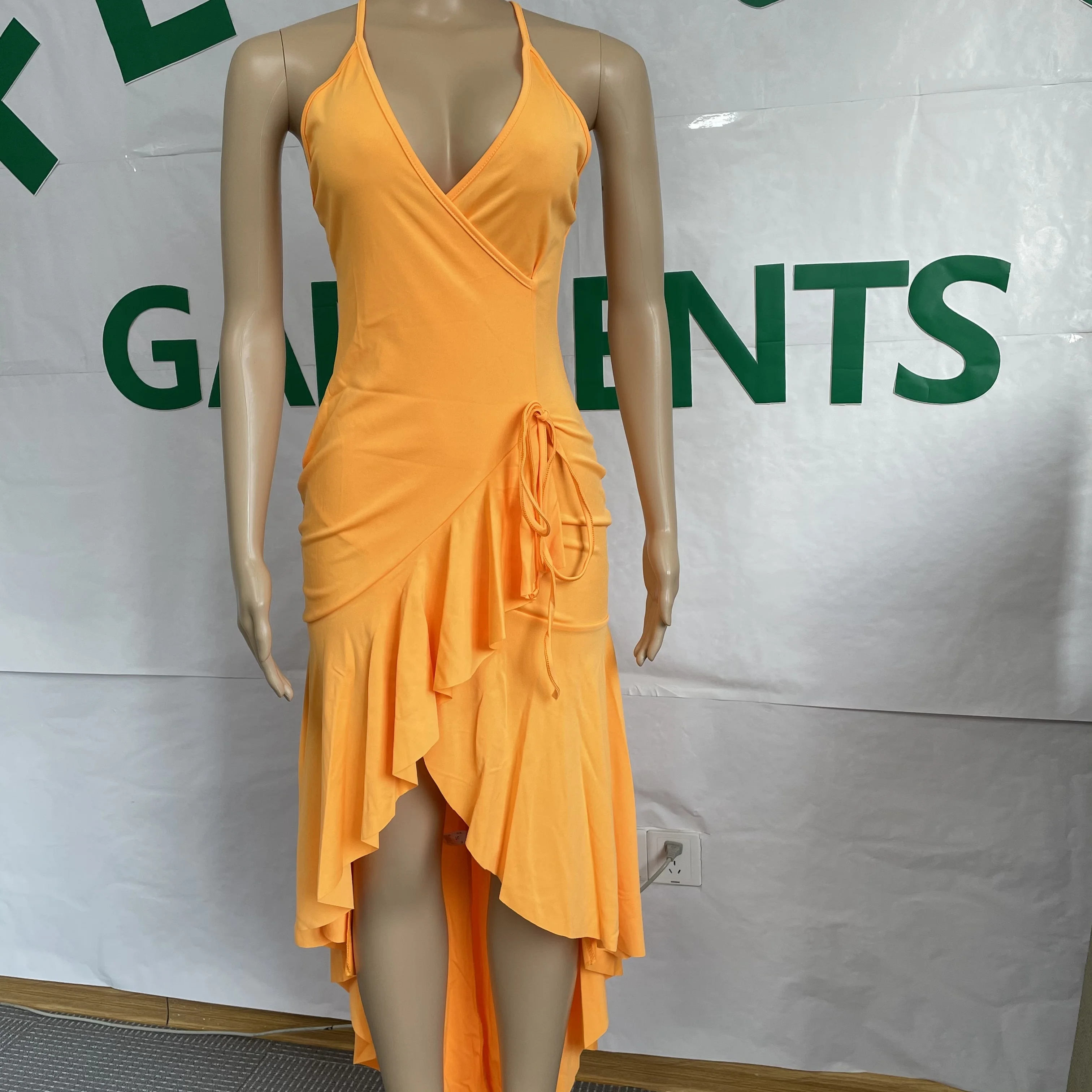 2022 Trending Solid Colors Slit Ruffle Dress Sexy Slip V Neck Bandage Backless Long Dress Women Peplum dress