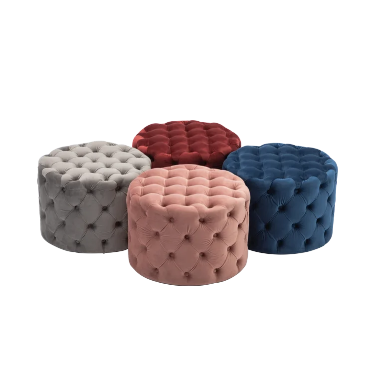 Лидер продаж на Amazon, оптовая продажа, дешевый современный табурет с обивкой, Синяя бархатная ткань, Стеганный круглый пуф, османский стул