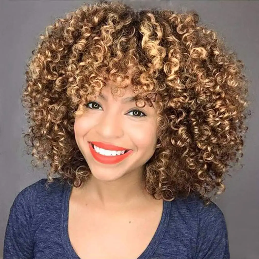 Vigorous natural ombre blobde non lace afro kinky curly short bob cheap wig synthetic hair blend wigs
