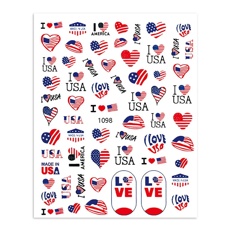 USA Flag Design Nail Slider Decals Nail Art Cartoon Love Shapes Butterfly Country Flag Element 2D Nails Stickers For Gel Polish