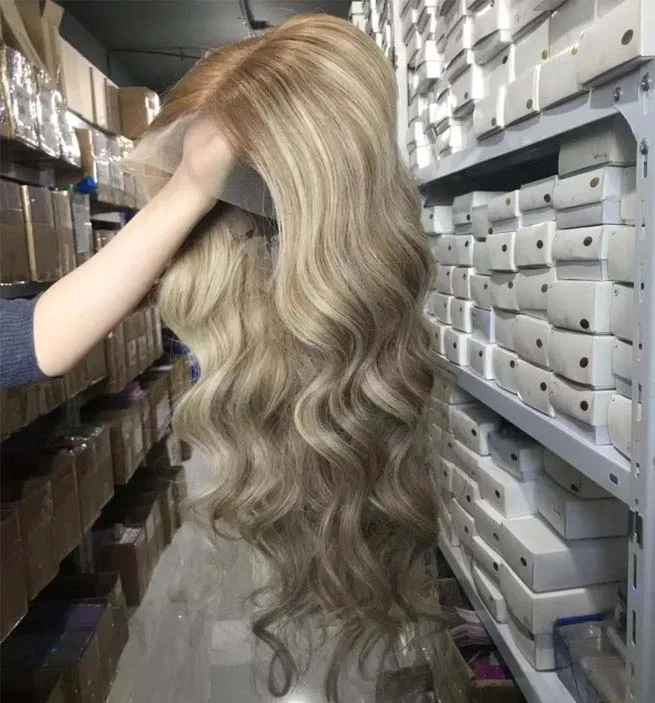 Color Brown Fading to Blonde unprocessed cuticle aligned raw virgin hair highlighted lace front human hair wigs