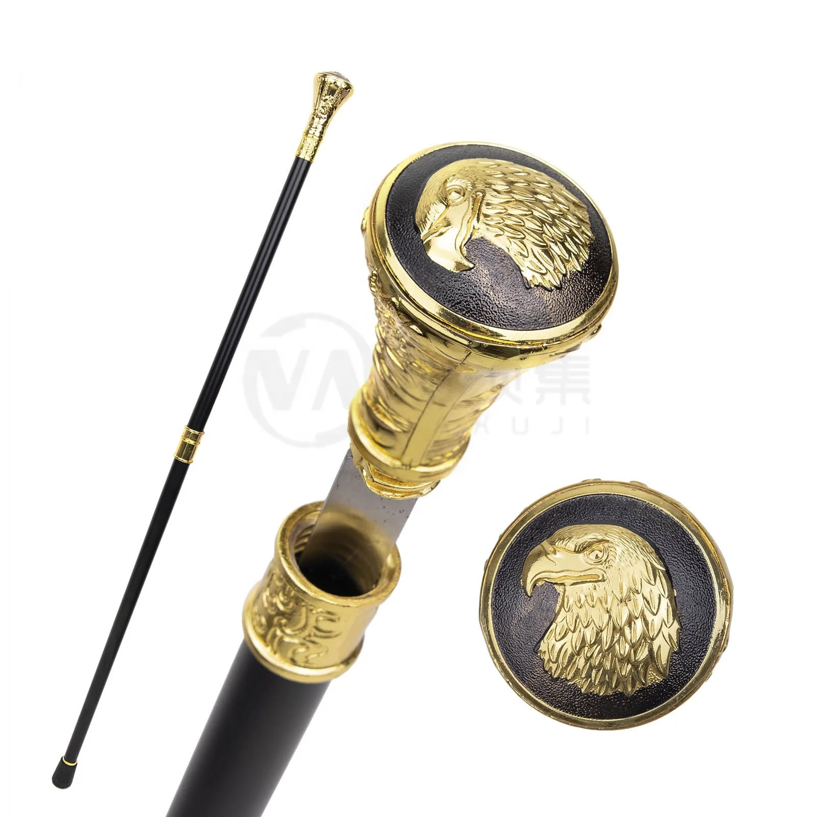 Gold Luxury Eagle Hawk Head Relief Walking Stick with Hidden Plate Self Defense Fashion Cane Plate Cosplay Crosier Stick 93cm