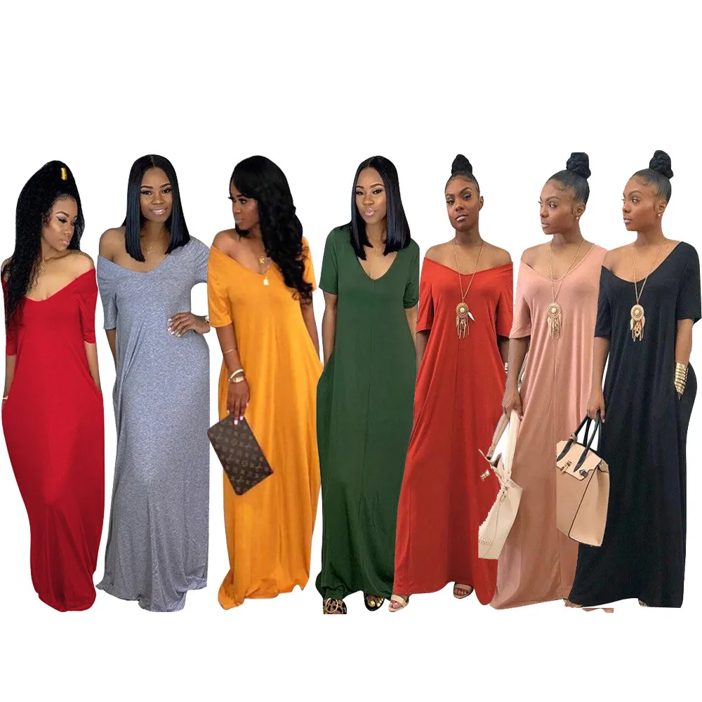 
2021 fashion V Neck Sexy Women Solid Candy Color Casual Loose Long Maxi Dress 