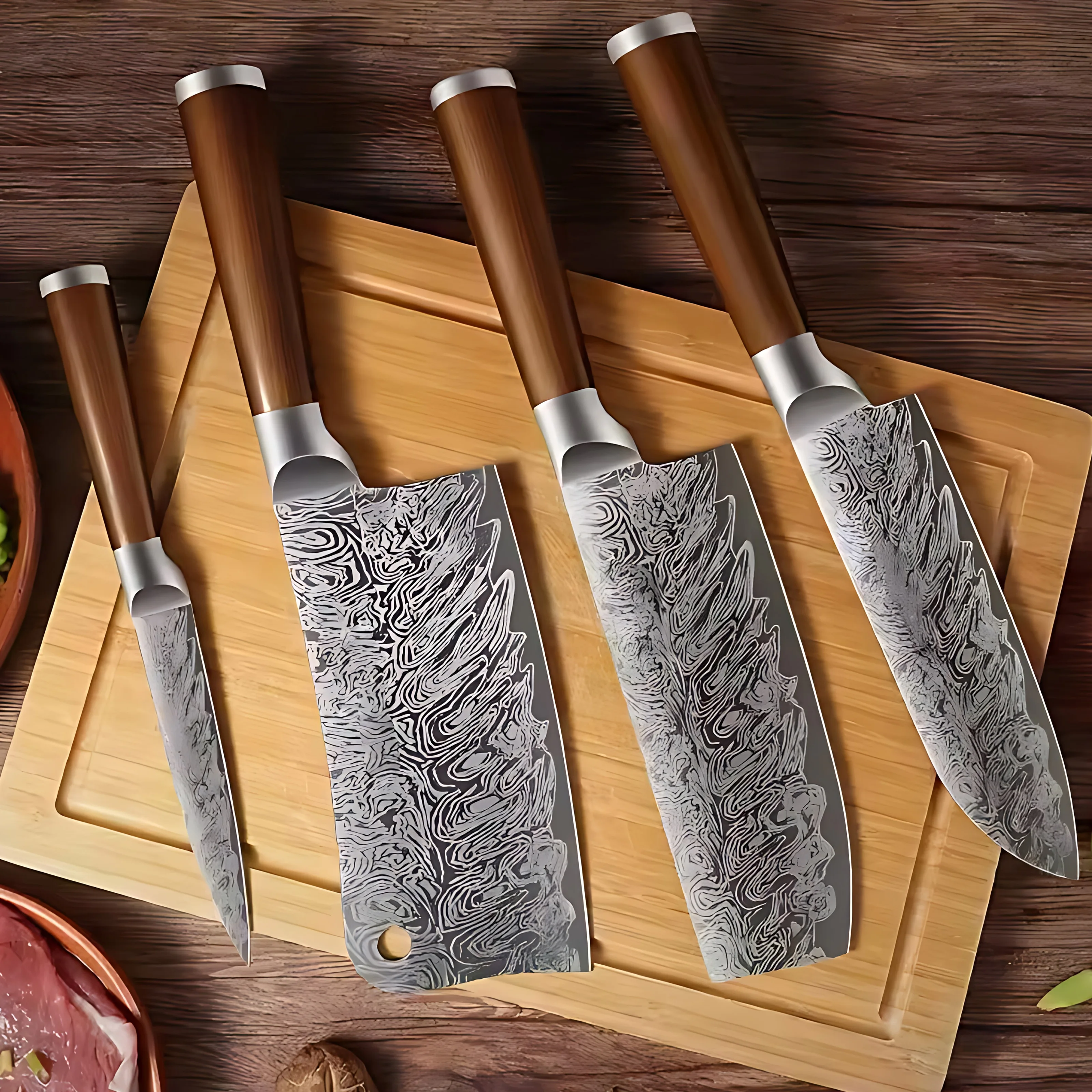 Damascus Pattern Kitchen Knives Set Japanese Style Chef Knife Utility Slicing Chopper Knife with Stainless Steel Handle
