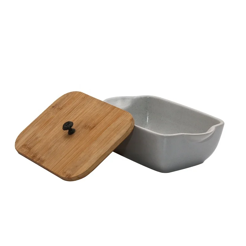 Environmental Bamboo Cover Dish Plate Unique Design Handled  Customized Food Containers Kitchen Rectangle Dining Ceramic Plate