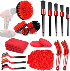 Factory 18 Pcs Red Color Car Cleaning Brush for Drill Tools Kit with Car Detailing Brush Set