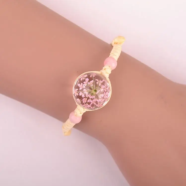 Dried Flower Gypsophila Bracelet Real Flower Glass Ball Lace Flower Ceramic Jewelry Braided Bracelet
