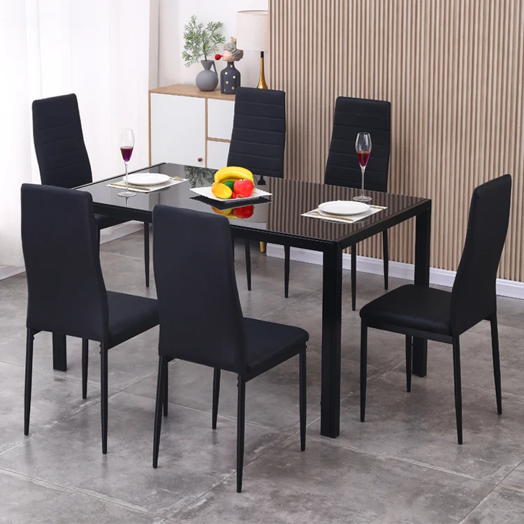 Modern Design Dining table set 6 seater Glass top black glass dining table set 6 chairs