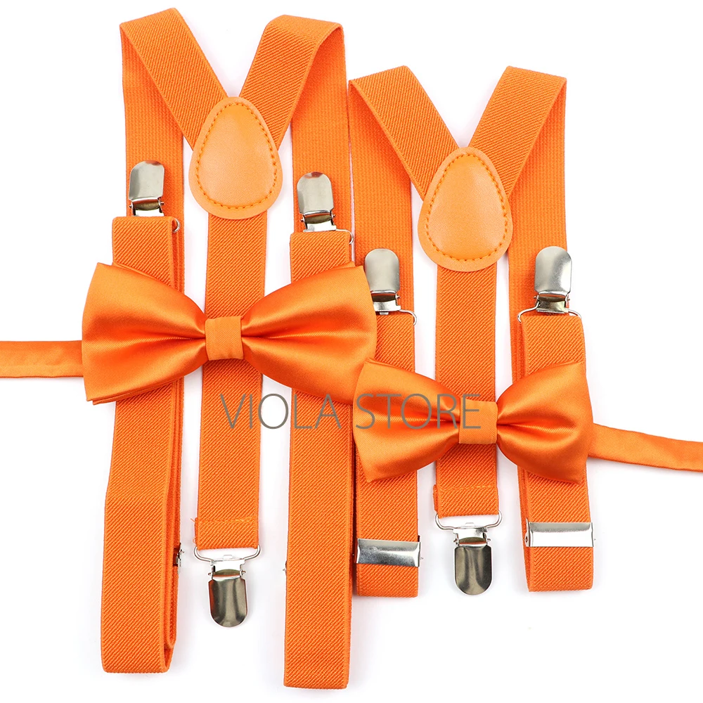 Soild 2.5cm Suspenders Glossy Bowtie Set Men Kids Red Brown Polyester Butterfly Y-Back Braces Party Dinner Shirt Pants Accessory