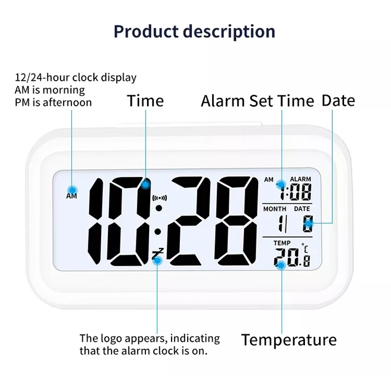 2024 blue white back light color  Table snooze digital Smart  sensor alarm clock