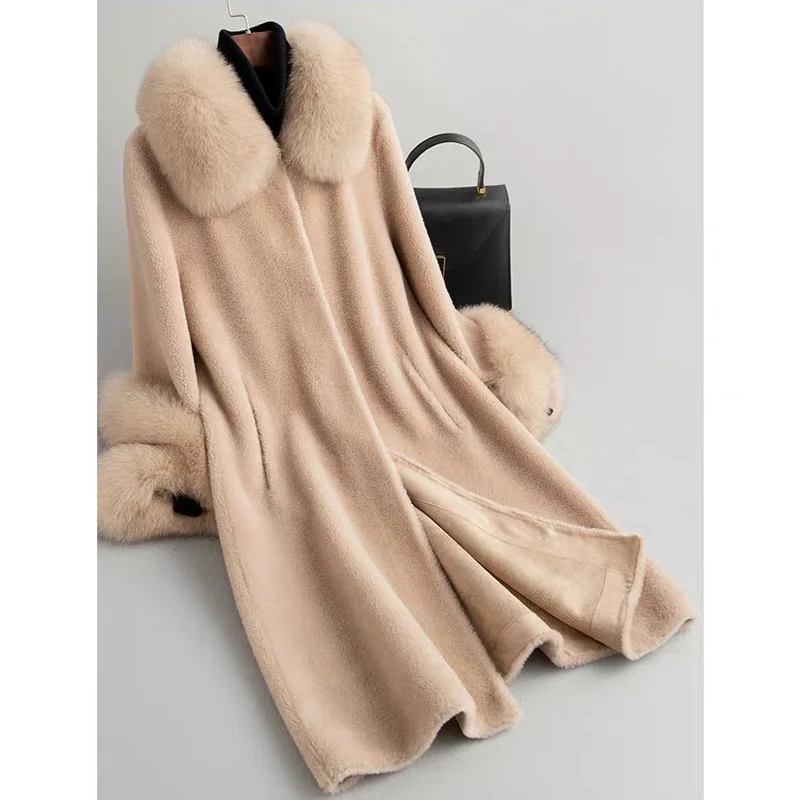 CX-G-T-25C Ladies Fox Fur Collar Winter Lambswool Long Teddy Coats Sheep Wool Coat