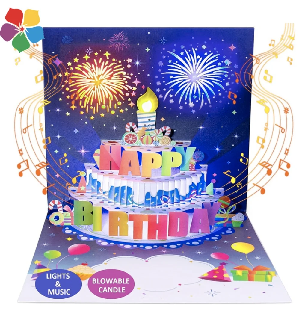 3D Pop Up Firework Led Lights And Musical Birthday Cards Can Blow Led Candles Electronic Birthday Greeting Card