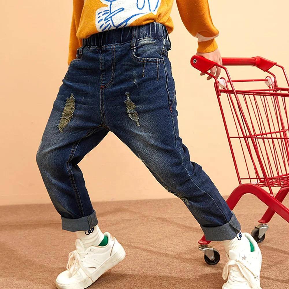  Gabby Loop Kids/Коллекция 2021 года; Сезон осень; Мягкие хлопковые Узкие рваные джинсы с потертостями; Брюки; Детские для