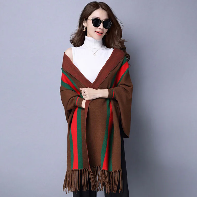 Latest Design High Quality Women Acrylic Knit Striped Pattern Cardigan Winter Cape Shawl Poncho For Womens Scarf