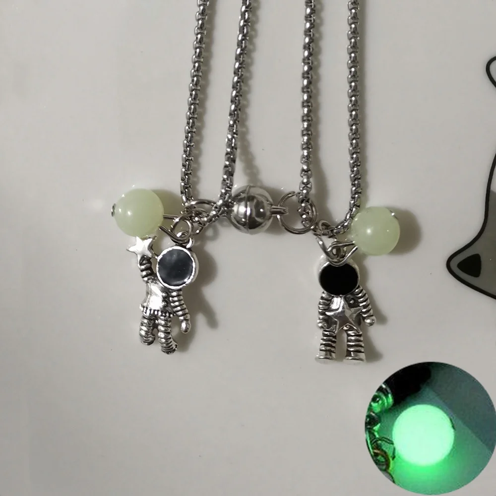 2PCS Luminous Hexagonal Column Magnetic Couple Necklace for Women Men Romantic Geometric Pendant Astronaut Jewelry