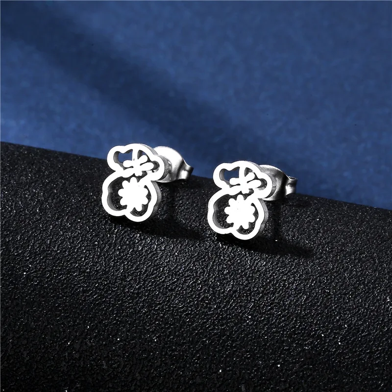 Stainless Steel Bear Necklace Cute Earrings Small Set Female European and American Glossy Flower Sweater Chain Earring Jewelry