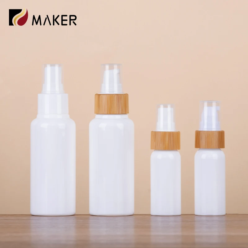 Bamboo Wood PET Plastic Pump Head Cosmetics Toner Emulsion Lotion Dispenser 50ml 60ml 100ml White Plastic Press Spray  Bottle