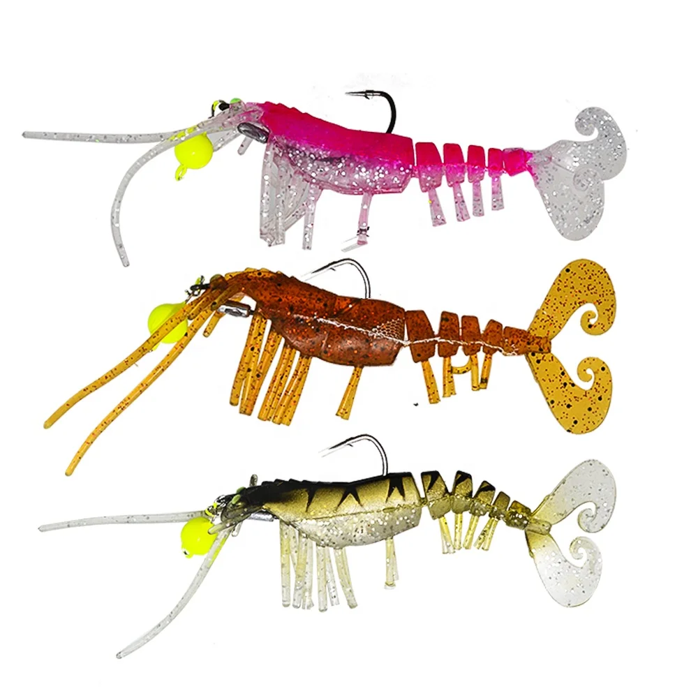PVC Soft Bait Shrimp Lure Lead Head Luminous Eye with Mustad Hook For Freshwater Trout Bass Salmon