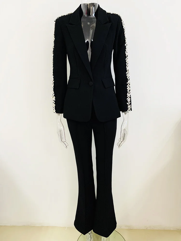 French Retro Style Women 2 Pieces Casual Rhinestone Blazer Suits White Single Button Notched Coats Straight Leg Pants Sets