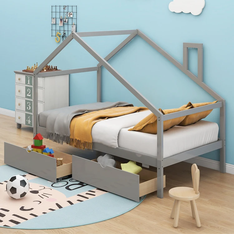 Bedroom House Roof Shape Wooden Frame Kids Boys Girls Teens Toddler Children Daybed Montessori Floor Bed with Drawers